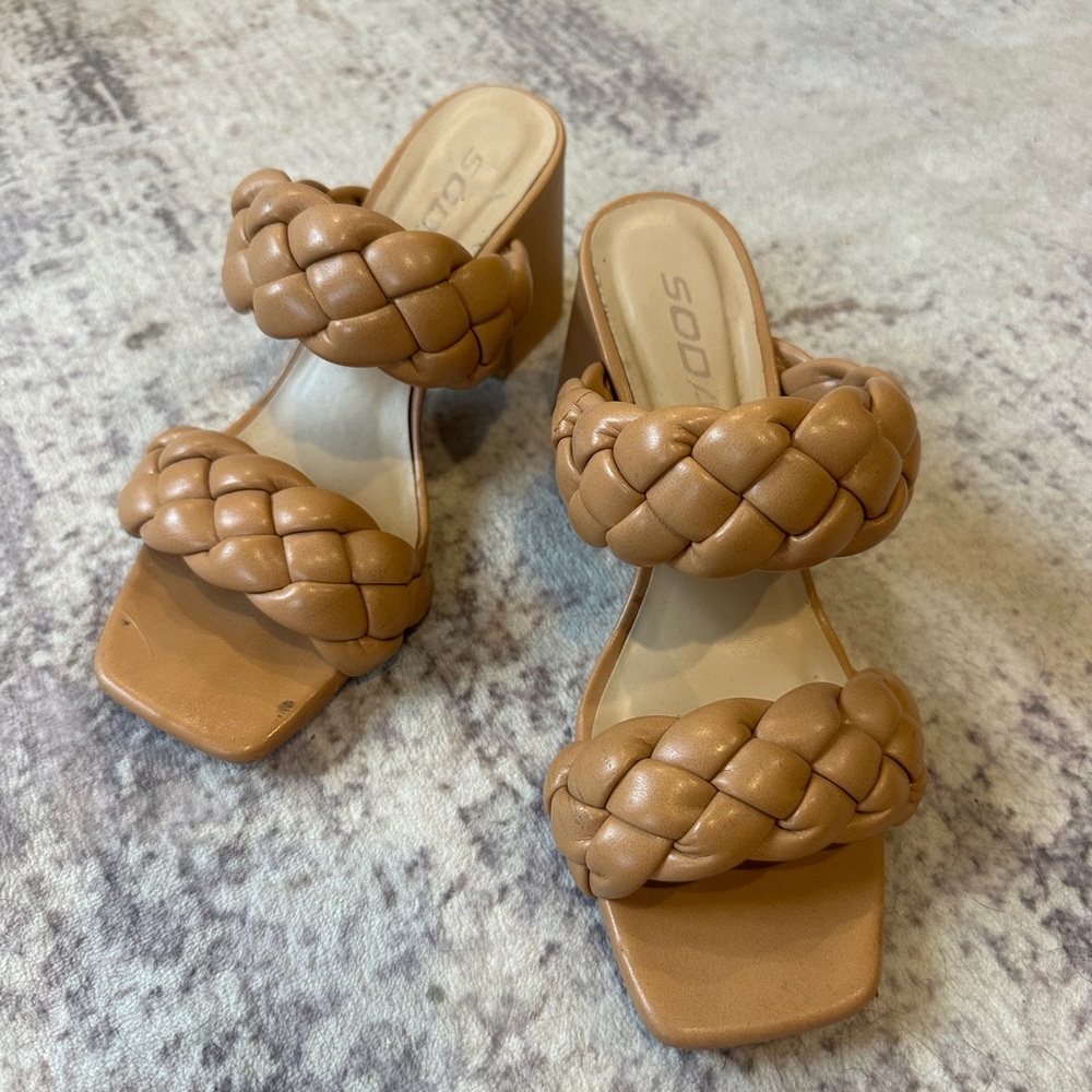 Tan Braided Double-Strap Heeled Sandal